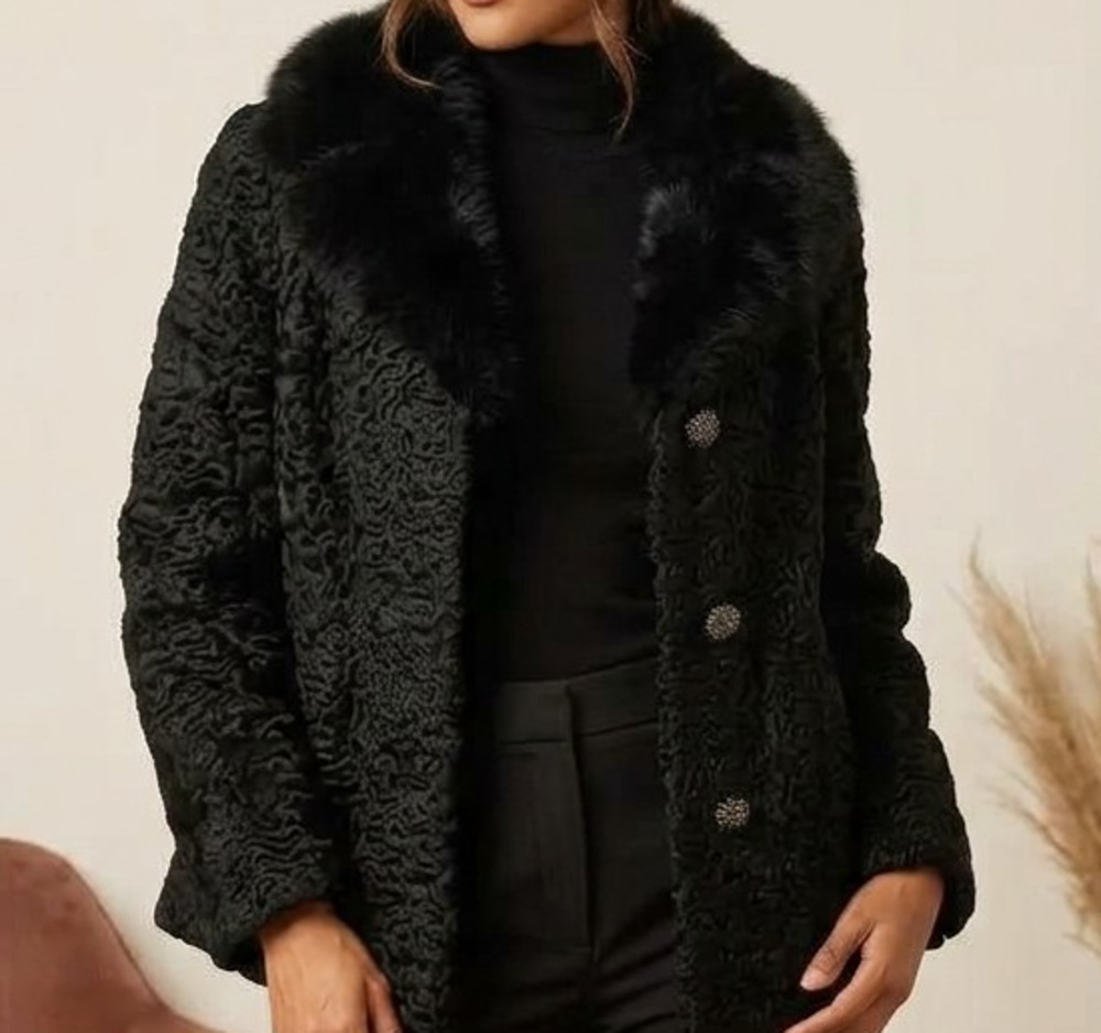 Vintage Persian Lamb Jacket Black Fox Fur Collar Womens Small Medium Curly Coat